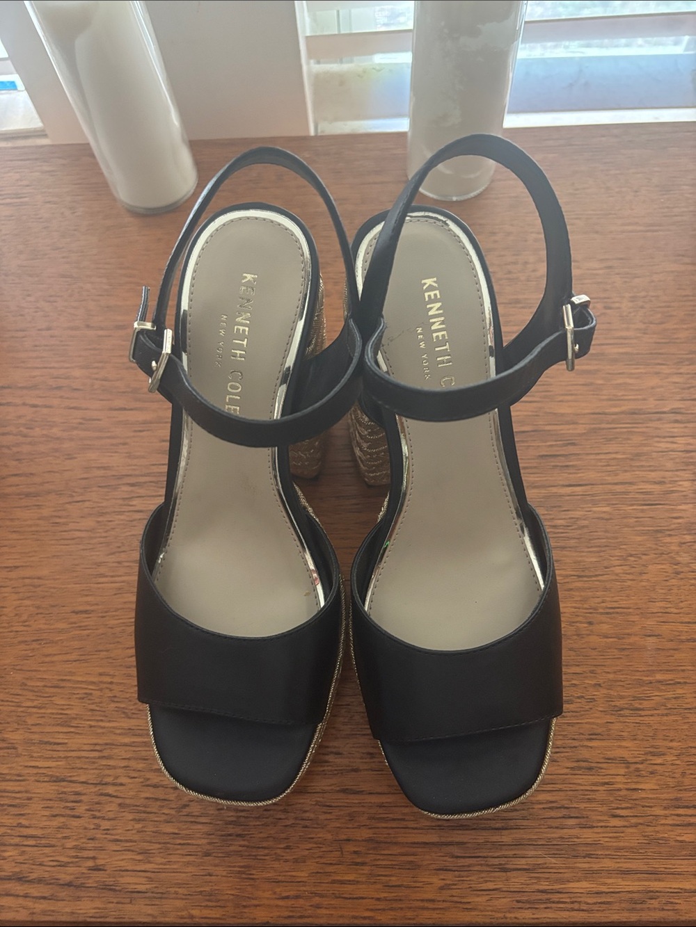 Kenneth Cole Black Leather Slingback Block Heel Sandals